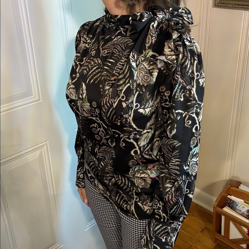 Banana Republic Black Floral Satin Top with Pastel Highlights